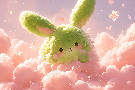 粉色云朵中的兔子图片