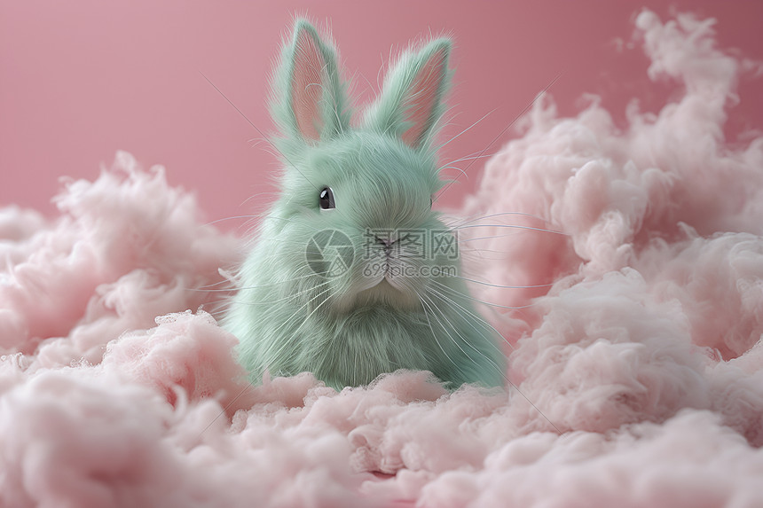 棉花中的绿兔子图片