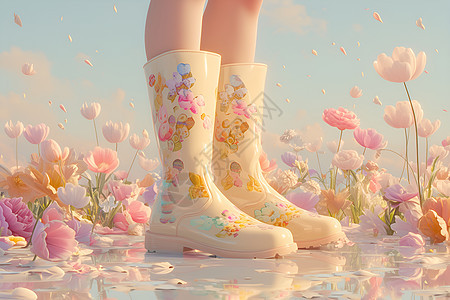 花丛里的白色靴子图片