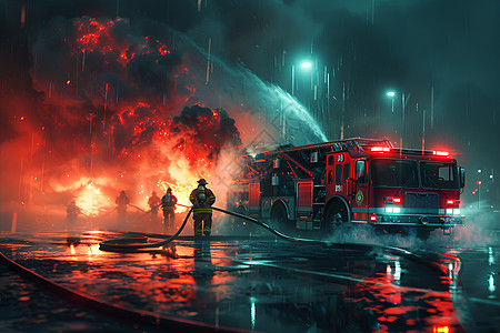 消防员在雨中对抗火焰图片