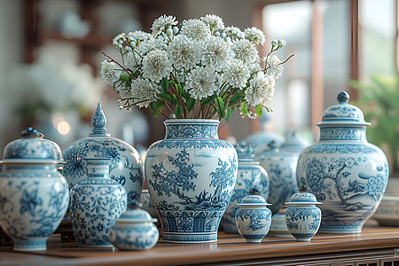 精美花纹台上的青花瓷花瓶背景