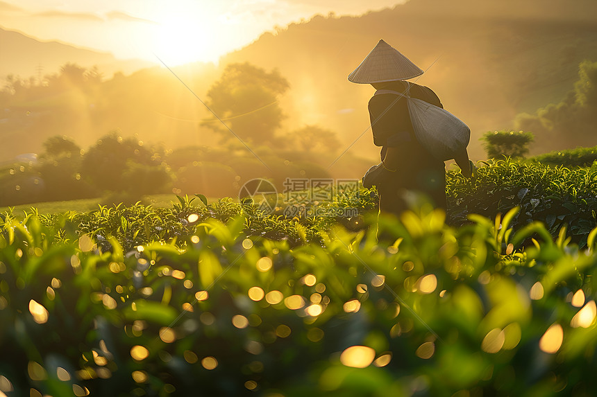 清晨的茶农图片