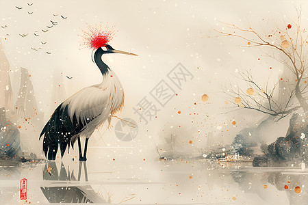 红冠鹤在湖畔挺立图片