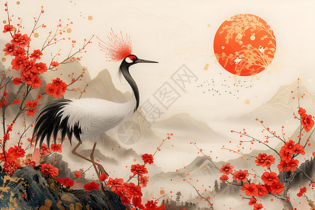 红冠鹤舞白云图片