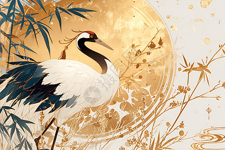 红冠鹤舞于金色背景中图片