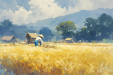 金色稻田下的农民图片