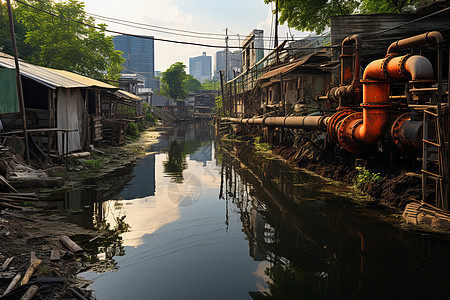 河流边的工业建筑图片