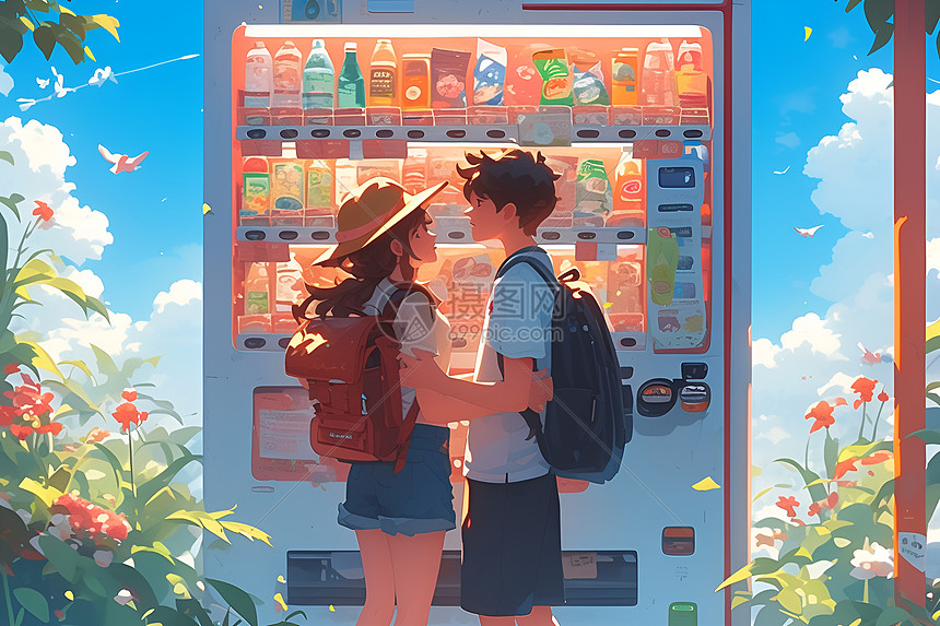 情侣站在自动售货机前图片