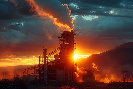日落下的工厂烟囱图片