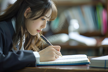 课堂写作的女学生图片