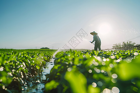 农夫灌溉田地高清图片