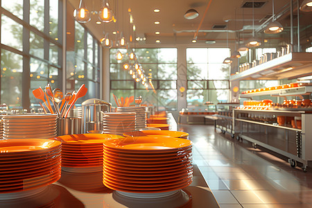 食堂的橙色盘子高清图片