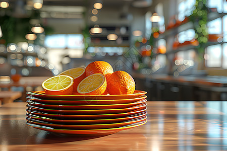 餐厅橙色盘子堆叠图片