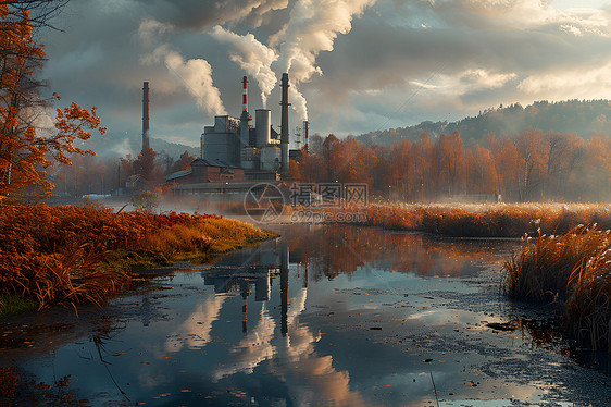 工厂与江河相映的景象图片