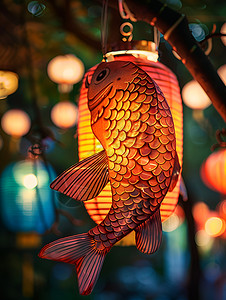 鲤鱼灯在夜晚中绽放光彩高清图片