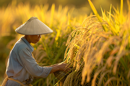 小麦丰收金黄的夕阳下农民背景