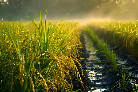 小麦丰收清晨稻田的宁静背景