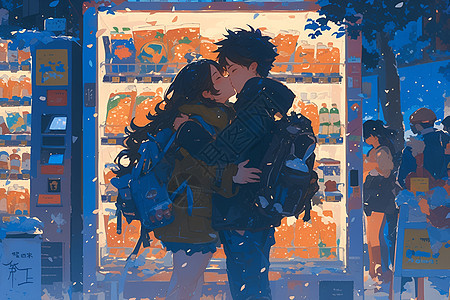 售货机旁恩爱亲吻的情侣图片