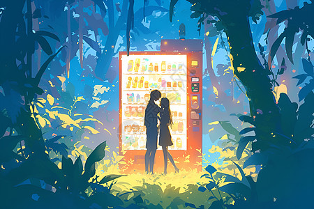 售货机旁恩爱的情侣插画图片