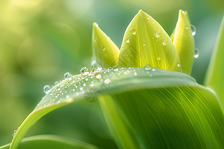 水滴在绿叶上的特写图片