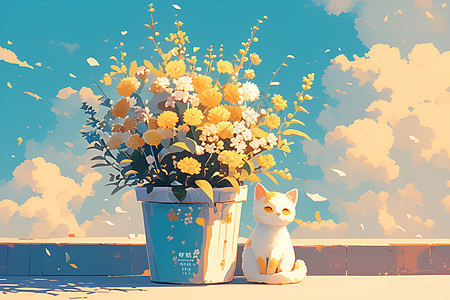 猫咪与花盆的卡通插画图片