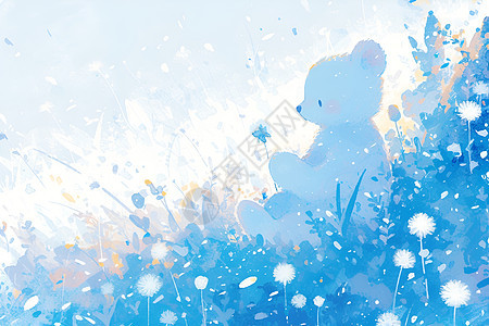 可爱的熊玩偶在蒲公英盛开的场景中图片