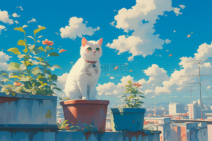 屋顶猫咪与城市图片