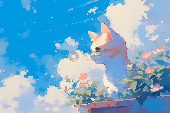 花盆旁的小猫咪与蓝天白云图片