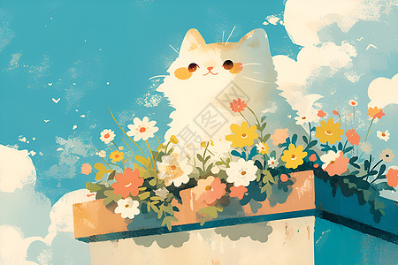 花猫与花盆温的温馨插画图片