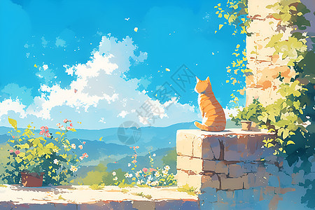 蔚蓝天空下的猫咪和鲜花图片