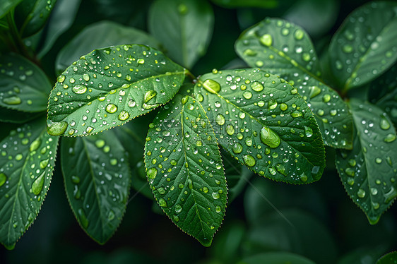 水滴在绿叶上的特写图片