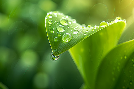 清新绿叶上的水滴背景