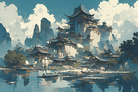 山水湖光风景插画图片