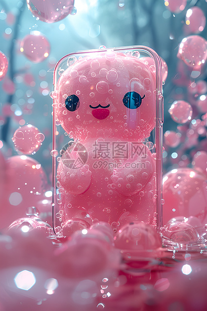气泡世界中的粉色泰迪熊图片