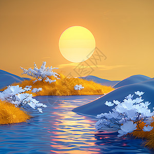 夕阳下的水流插画图片