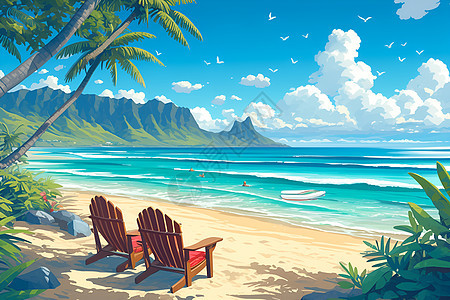 热带海滩上的躺椅图片