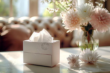 桌面上的纸巾盒和花卉图片