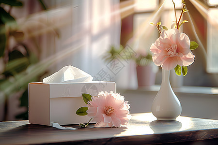 桌子上的纸盒和花朵图片