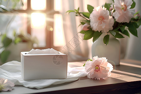 桌子上的抽纸和花朵图片
