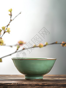 木桌上的瓷茶碗图片