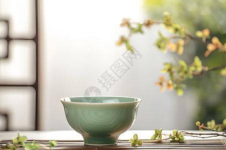 绿色的瓷茶碗图片