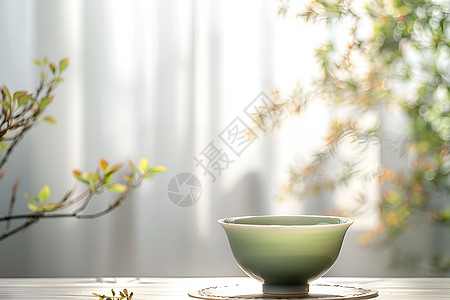 清雅的绿色瓷茶碗高清图片