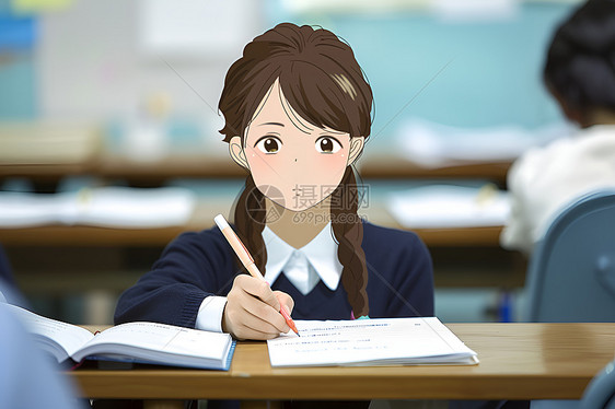 课堂上写字的女孩图片