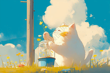 天空下猫咪与花盆图片