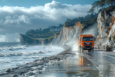 海岸公路搅拌车在海岸道路行驶背景