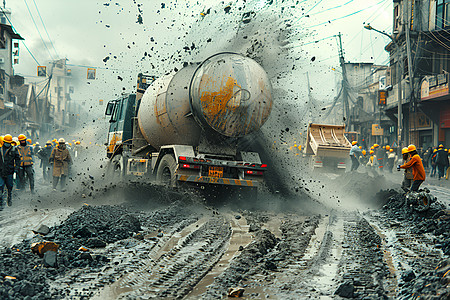 道路工人工地繁忙的水泥搅拌车背景