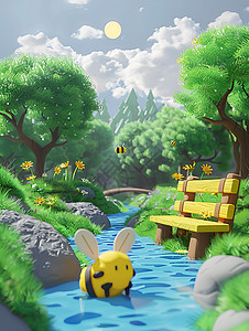 河畔蜜蜂与黄色长凳图片