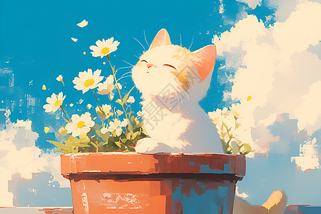 猫咪与花盆图片
