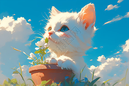 柔和色调中的白猫与花盆图片