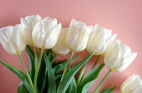 白色郁金香花束粉色背景下（照片-生活方式）图片